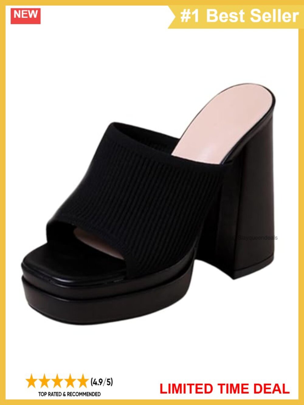 Women's Stretch Knitted Platform Sandals Chunky Block High Heel Square Open Toe